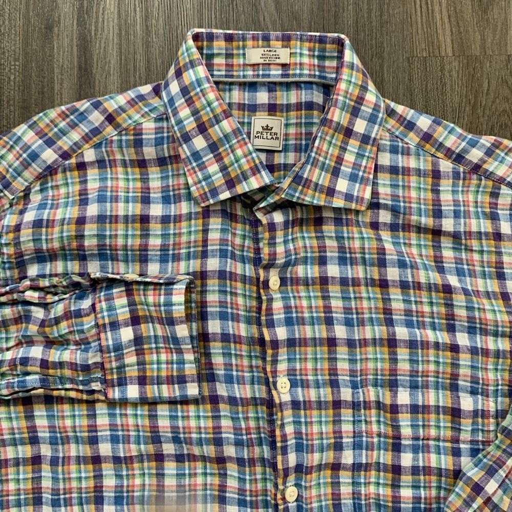 Peter Millar Shirt Mens Large Blue Pink Plaid Button Up Casual Pocket 100% Linen
